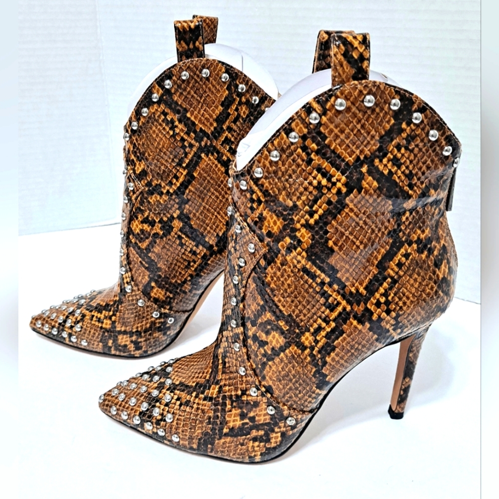 Jessica Simpson Studded Brown Snake Print Ankle Boots Heel Western Style NEW